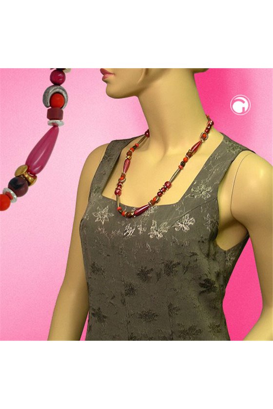 NECKLACE BEADS SILK-RED-BROWN 63CM