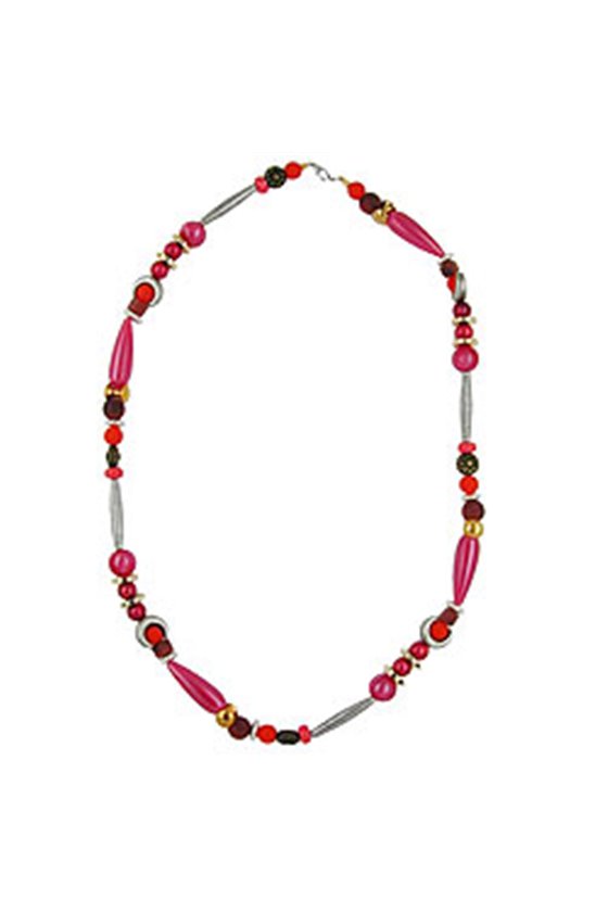 NECKLACE BEADS SILK-RED-BROWN 63CM