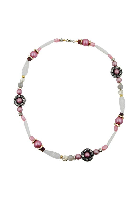 NECKLACE BEADS PINK-WHITE-SILVER TONE 60CM