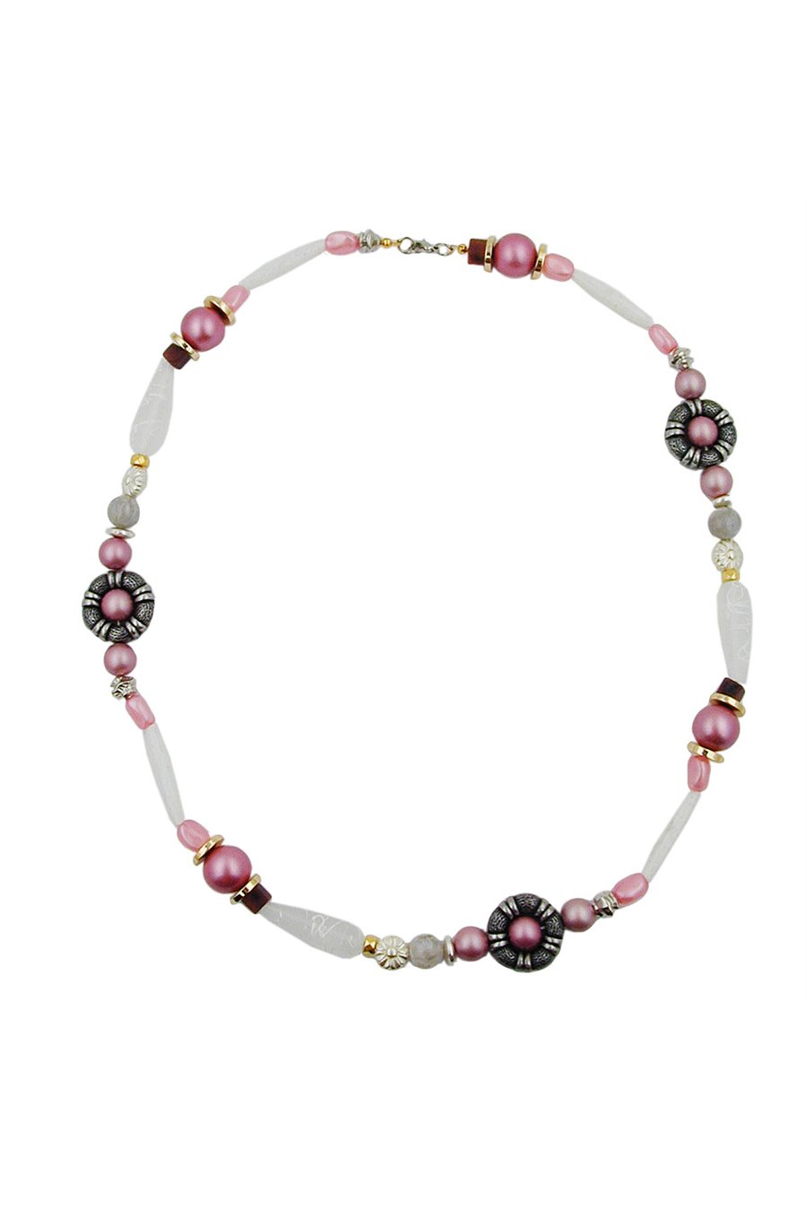 NECKLACE BEADS PINK-WHITE-SILVER TONE 60CM