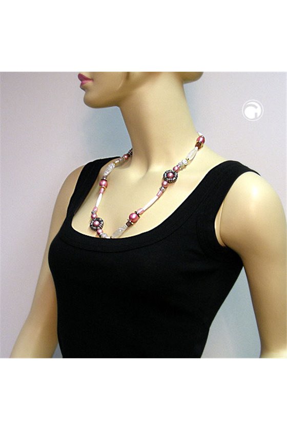 NECKLACE BEADS PINK-WHITE-SILVER TONE 60CM