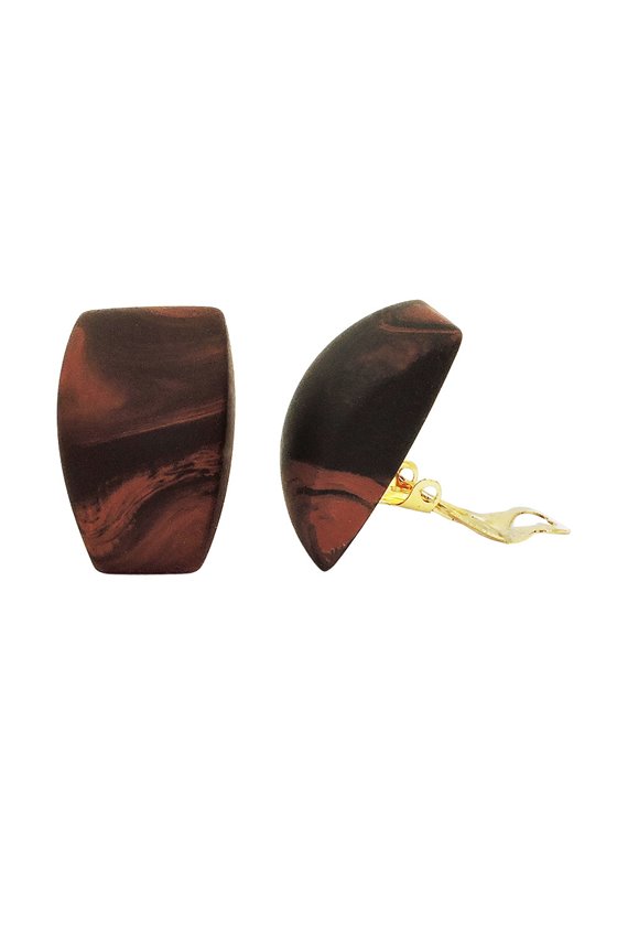 CLIP-ON EARRING TRAPEZIUM BROWN MARBLED MATTE