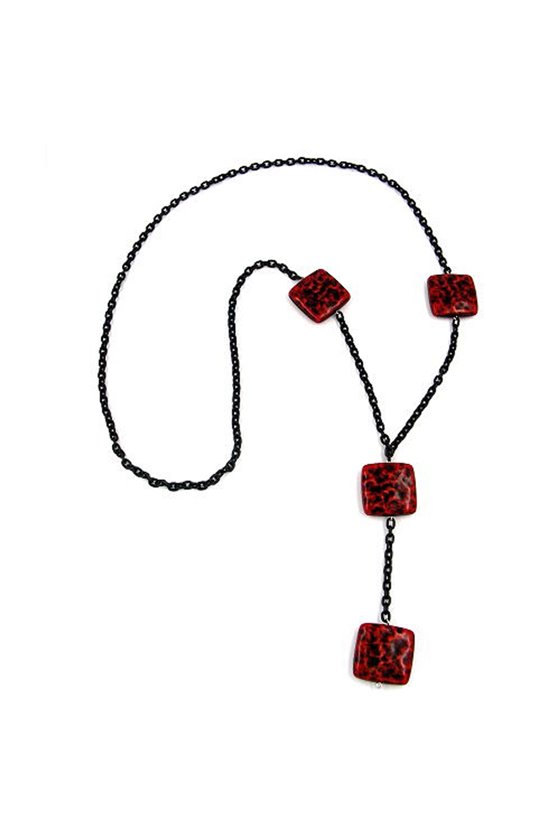 NECKLACE SQUARE BEADS BLACK-RED 90CM