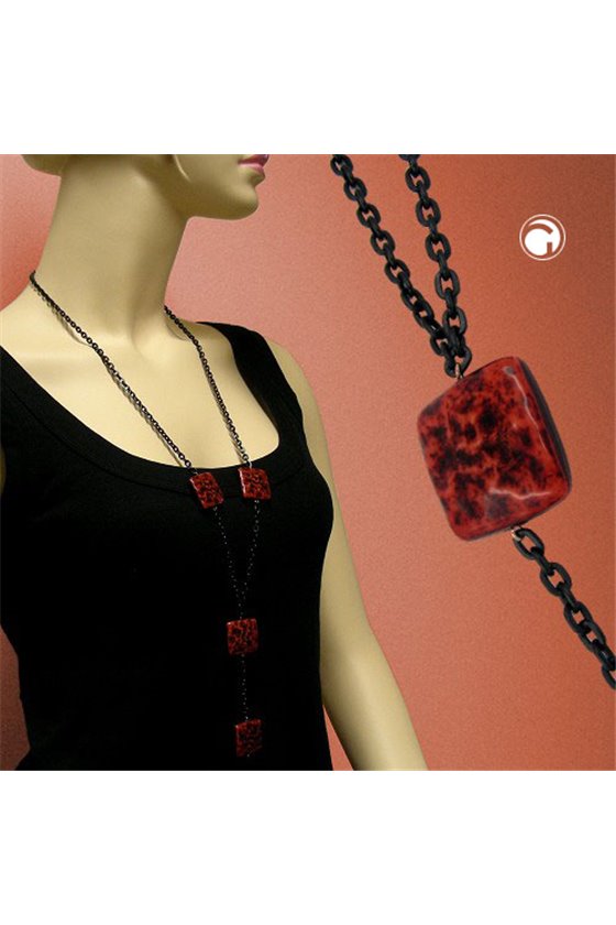 NECKLACE SQUARE BEADS BLACK-RED 90CM