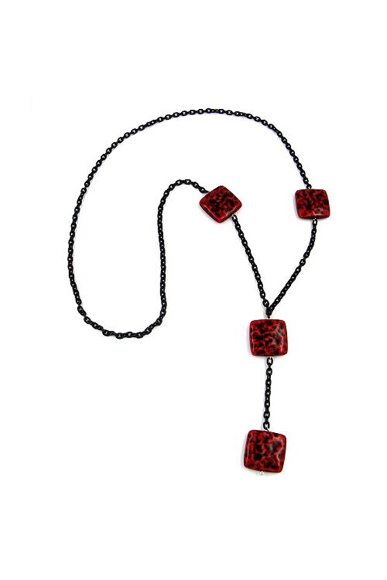NECKLACE SQUARE BEADS BLACK-RED 90CM