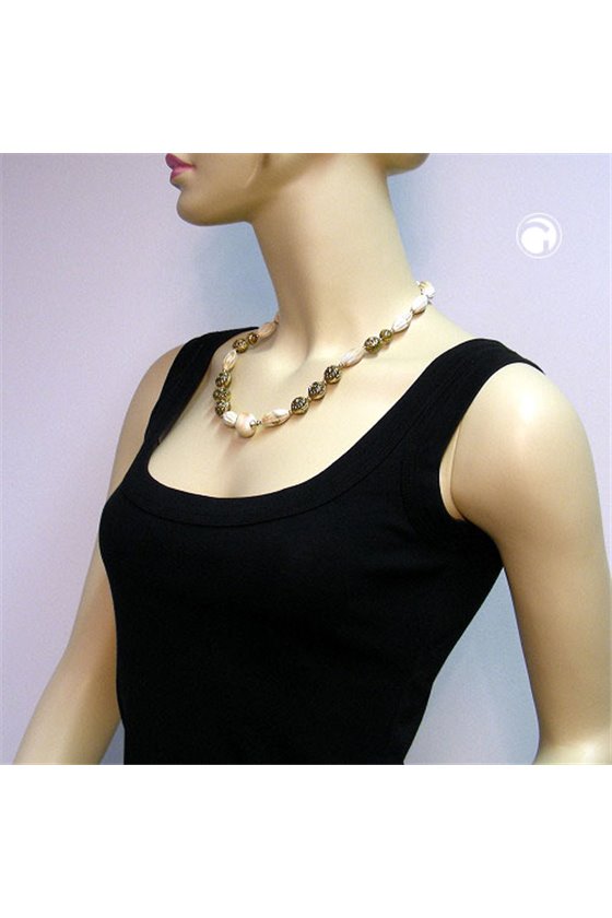 NECKLACE BEADS BEIGE-BROWN 55CM