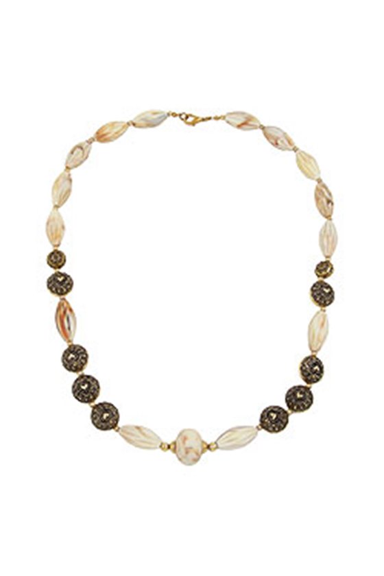 NECKLACE BEADS BEIGE-BROWN 55CM