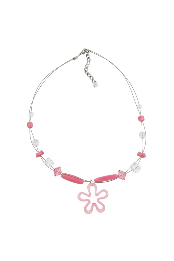 NECKLACE PINK BEADS AND FLOWER PENDANT ON COATED FLEXIBLE WIRE