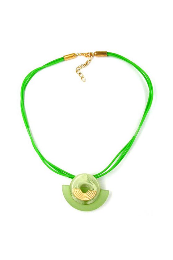 NECKLACE CRESCENT WITH DISK KIWI/ GOLD COLOURED
