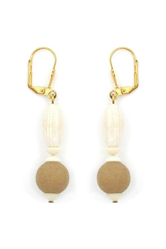 LEVERBACK EARRINGS WOODEN BEADS WHITE BROWN