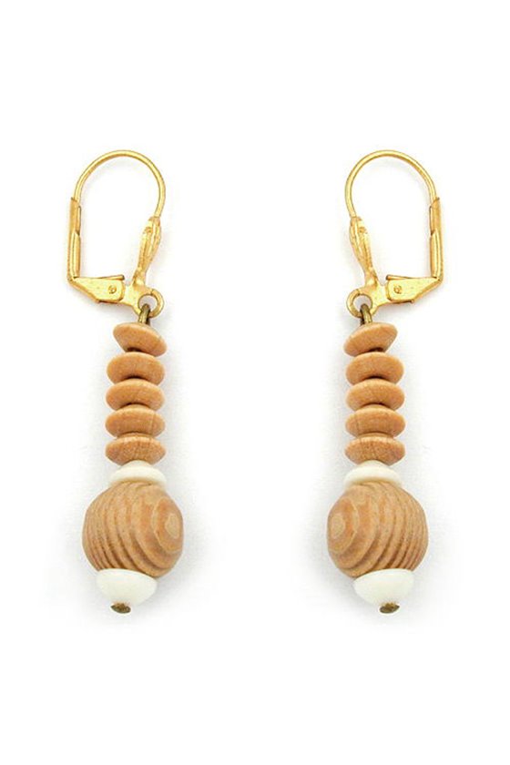 LEVERBACK EARRINGS BRIGHT WOODEN BEADS CREAM