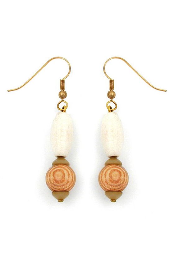 HOOK EARRINGS WOODEN BEADS WHITE BEIGE