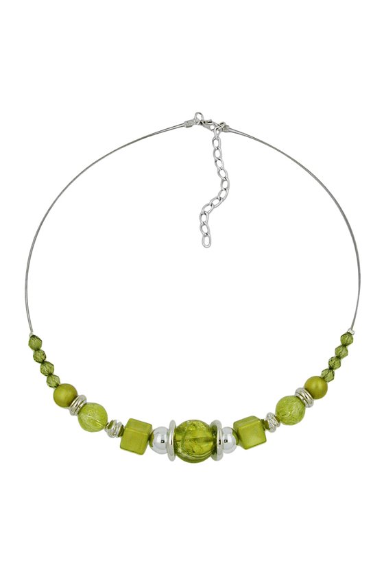 NECKLACE LIGHT GREEN BEADS CHROME COLOURED