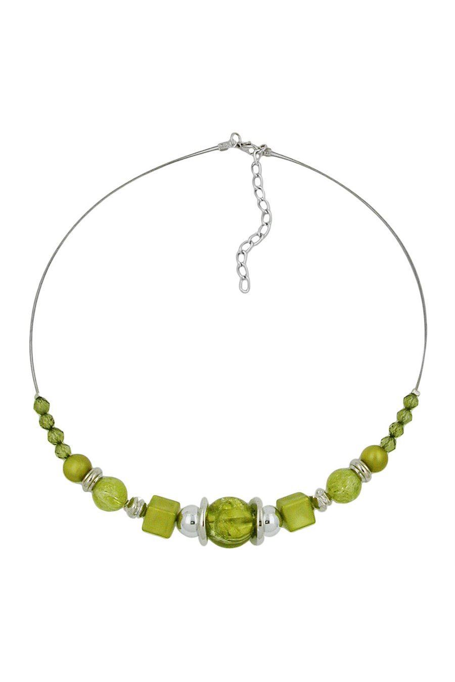 NECKLACE LIGHT GREEN BEADS CHROME COLOURED