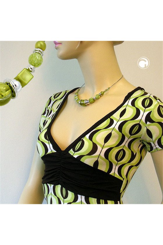 NECKLACE LIGHT GREEN BEADS CHROME COLOURED