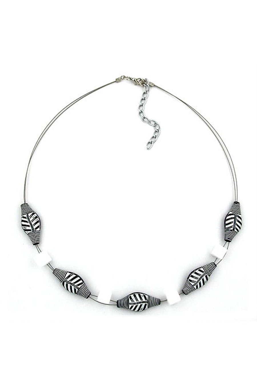 NECKLACE GREY AND WHITE BEADS ON COATED FLEXIBLE WIRE