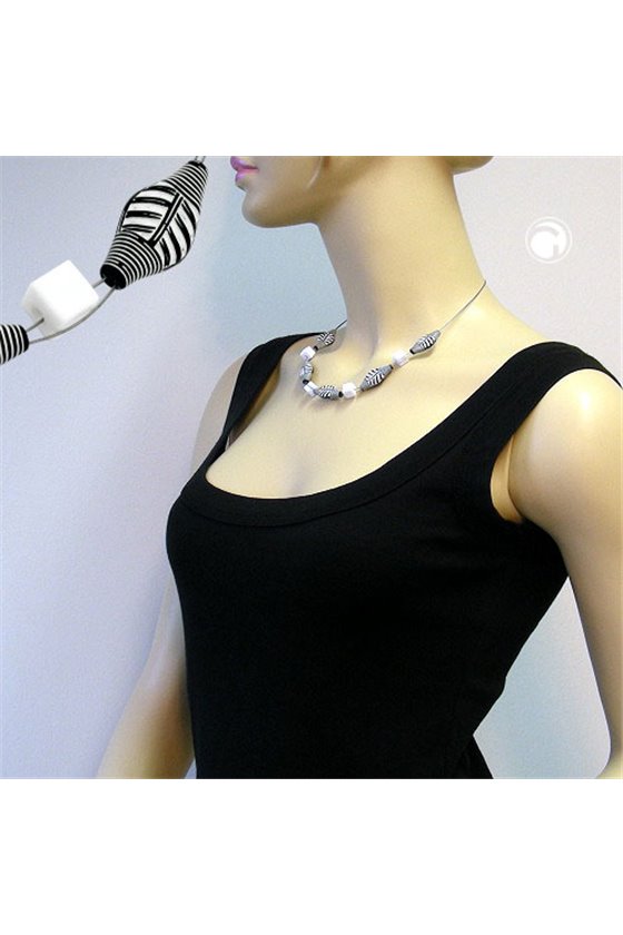 NECKLACE GREY AND WHITE BEADS ON COATED FLEXIBLE WIRE