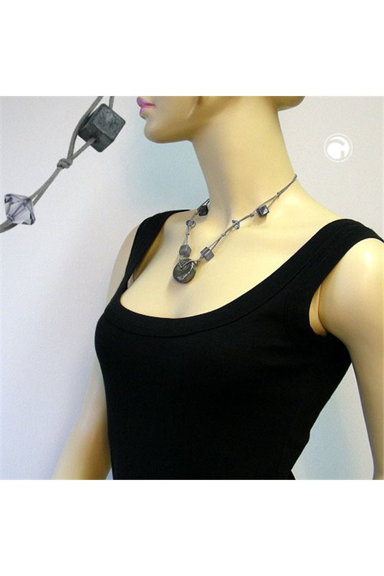 NECKLACE DISC GREY/SILKY & GLOSSY BEADS