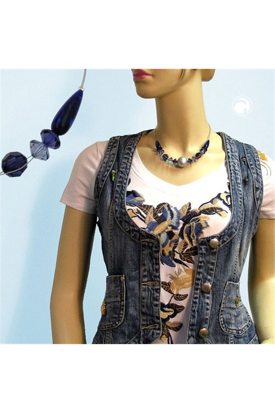 NECKLACE BLUE AND SILVER-COLOURED BEADS 45CM