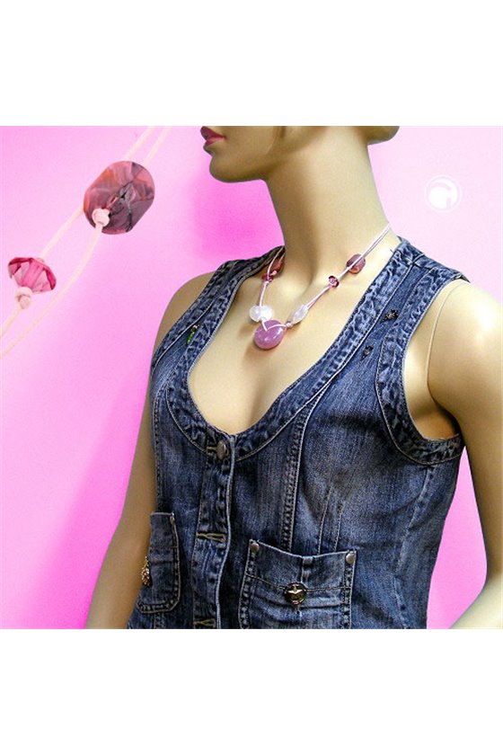 NECKLACE PINK DISK AND CORD 50CM