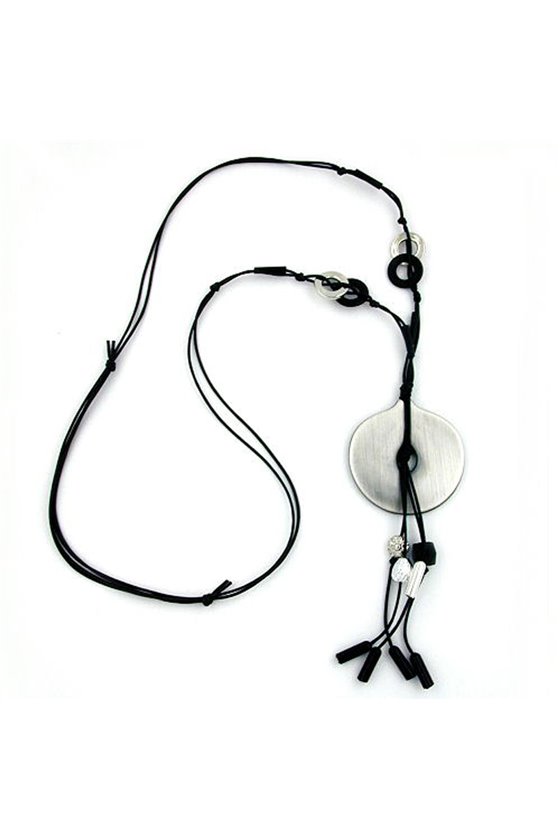 NECKLACE DISK ANTIQUE-SILVER CORD BLACK 90CM