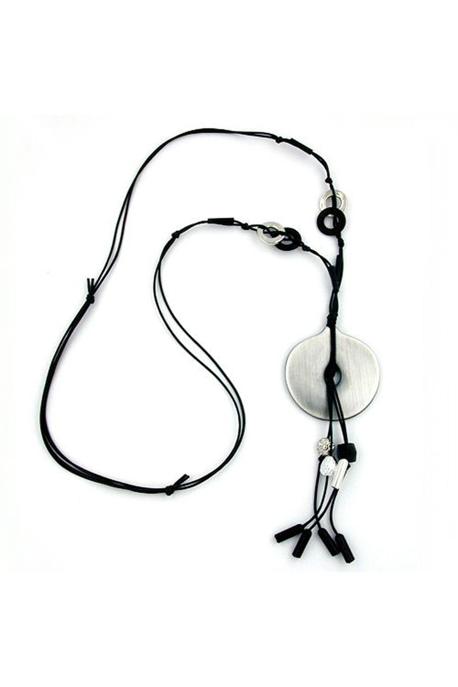 NECKLACE DISK ANTIQUE-SILVER CORD BLACK 90CM