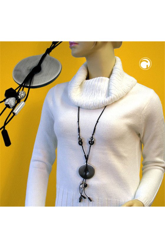 NECKLACE DISK ANTIQUE-SILVER CORD BLACK 90CM