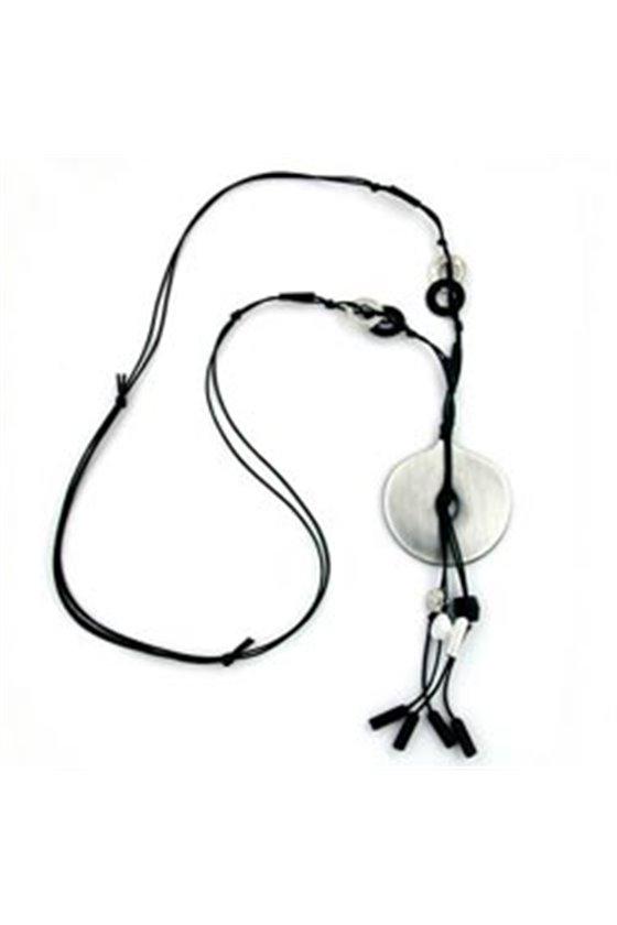 NECKLACE DISK ANTIQUE-SILVER CORD BLACK 90CM