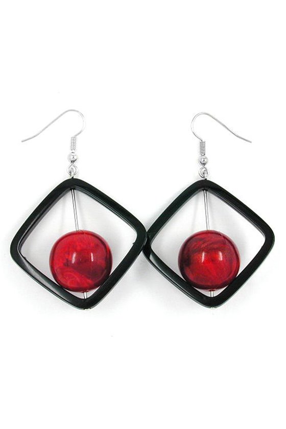 HOOK EARRINGS SQUARE BLACK WITH BEAD RED