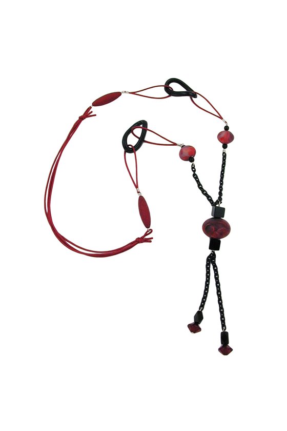 NECKLACE RED-BLACK BEADS 90CM