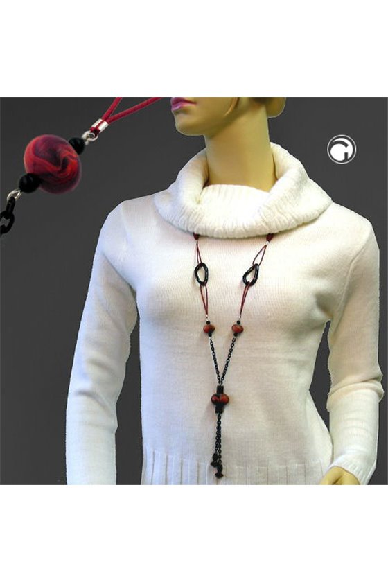 NECKLACE RED-BLACK BEADS 90CM