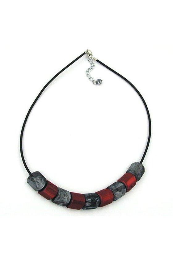 NECKLACE SLANTED BEAD RED-GREY 45CM