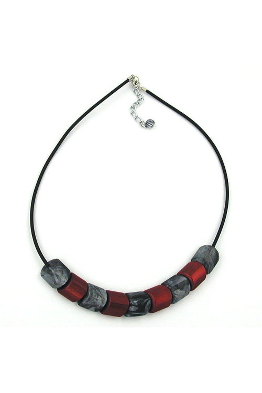 NECKLACE SLANTED BEAD RED-GREY 45CM