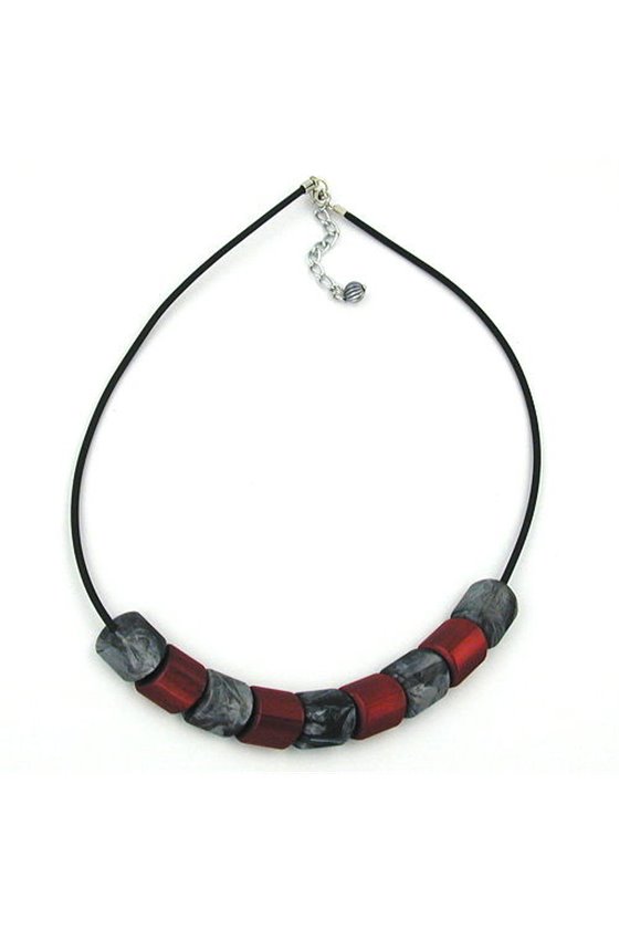 NECKLACE SLANTED BEAD RED-GREY 45CM