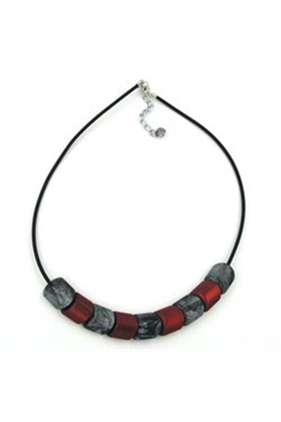 NECKLACE SLANTED BEAD RED-GREY 45CM