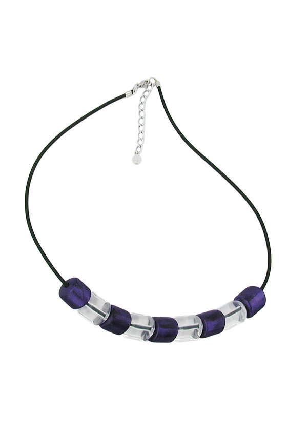 NECKLACE SLANTED BEAD LILAC-CRYSTAL RUBBER BAND BLACK