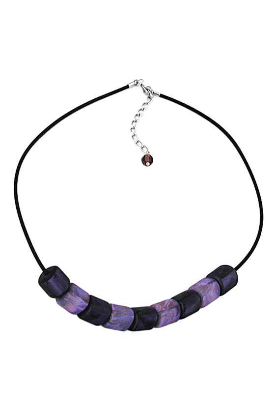NECKLACE SLANTED BEADS LILAC-MARBELED RUBBER BAND BLACK