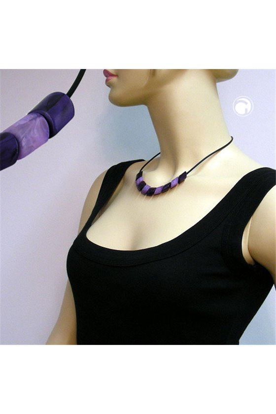 NECKLACE SLANTED BEADS LILAC-MARBELED RUBBER BAND BLACK