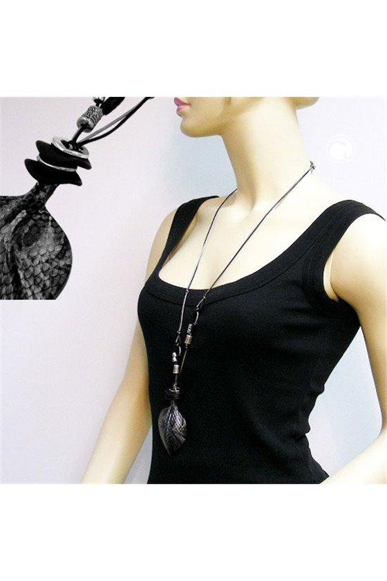 NECKLACE SCALED LEAF BLACK-GREY 95CM