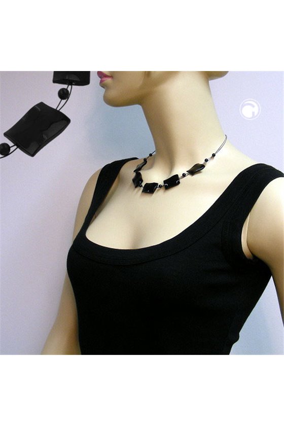 NECKLACE WAVY RECTANGLE BEADS SHINY BLACK 45CM