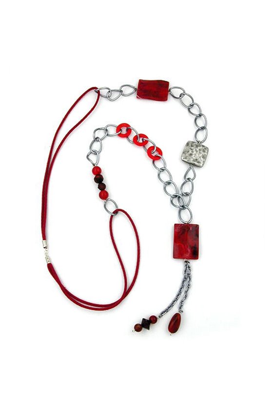 NECKLACE SQUARE RED-BLACK MARBLED 90CM