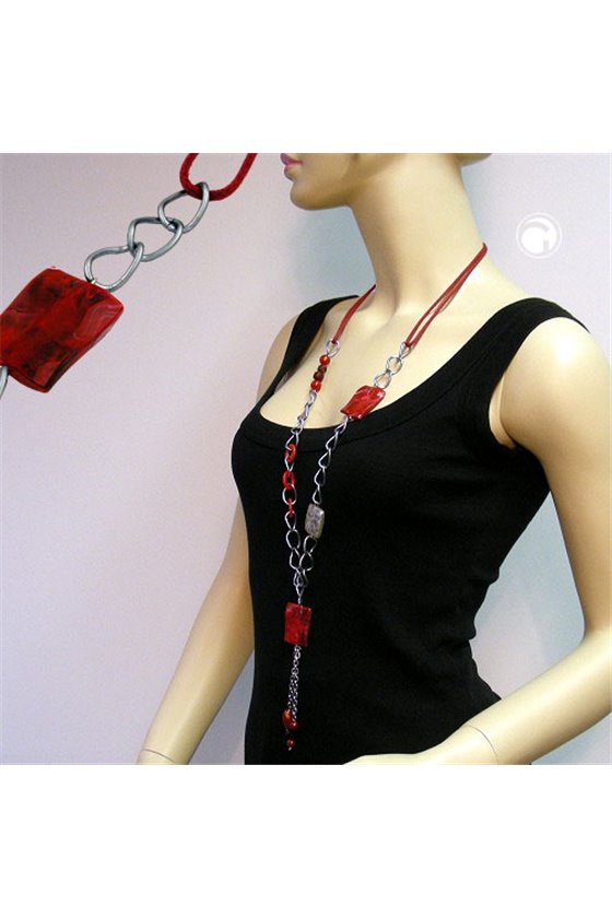 NECKLACE SQUARE RED-BLACK MARBLED 90CM