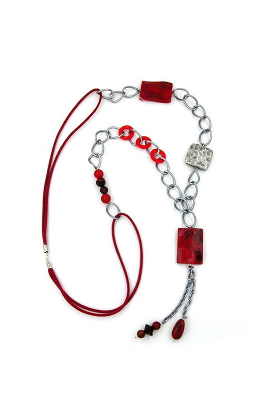 NECKLACE SQUARE RED-BLACK MARBLED 90CM