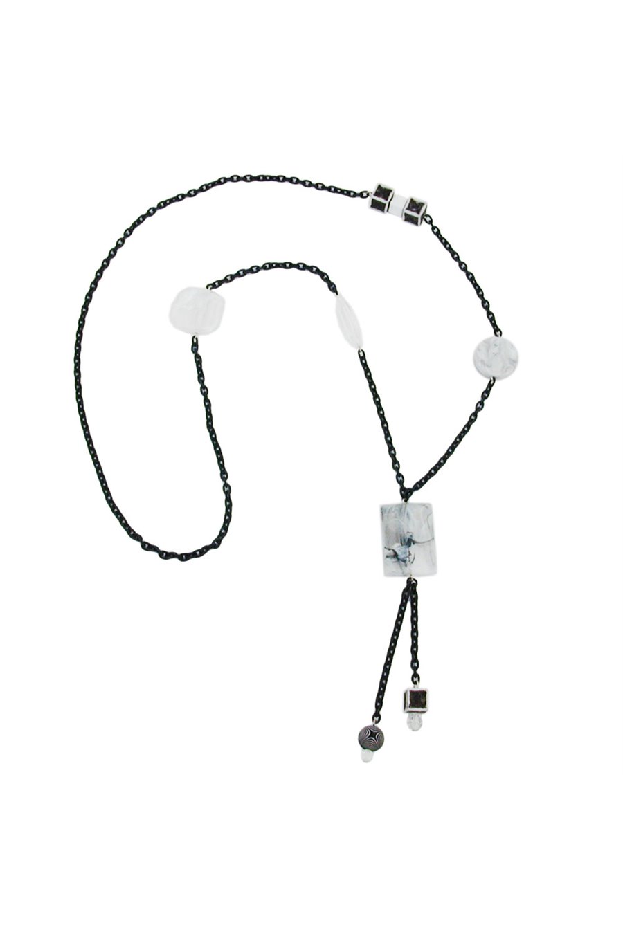 NECKLACE RECTANGLE WHITE-CRYSTAL-BLACK 90CM
