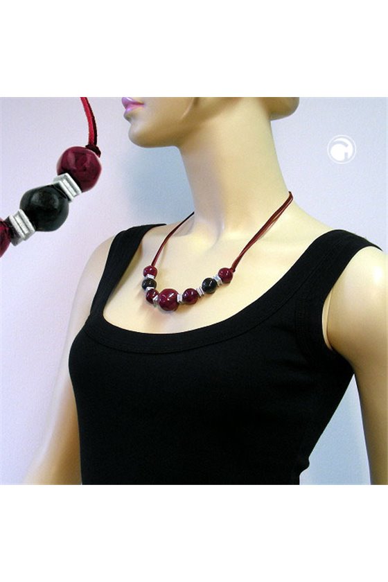 NECKLACE BEADS RED-DARKRED-BLACK 54CM