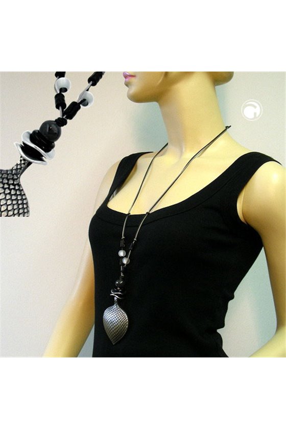 NECKLACE LEAF DARK SILVER 90CM
