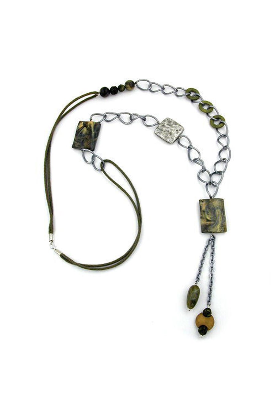 NECKLACE RECTANGLE OLIVE-BEIGE-BROWN 90CM