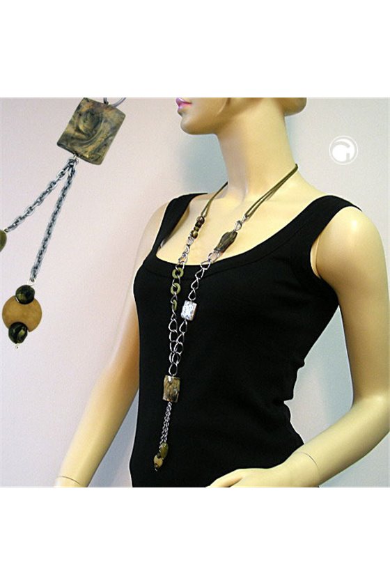 NECKLACE RECTANGLE OLIVE-BEIGE-BROWN 90CM