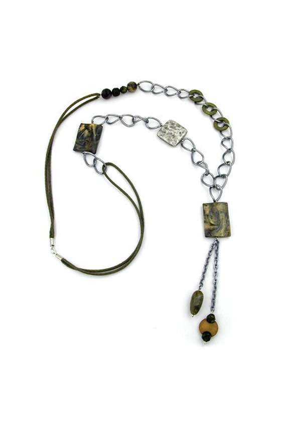 NECKLACE RECTANGLE OLIVE-BEIGE-BROWN 90CM