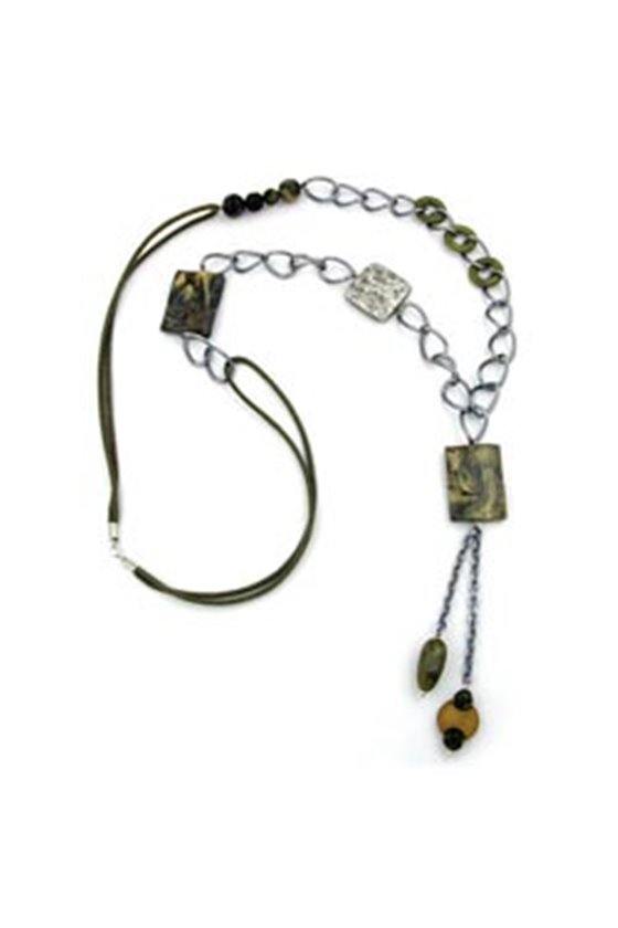 NECKLACE RECTANGLE OLIVE-BEIGE-BROWN 90CM